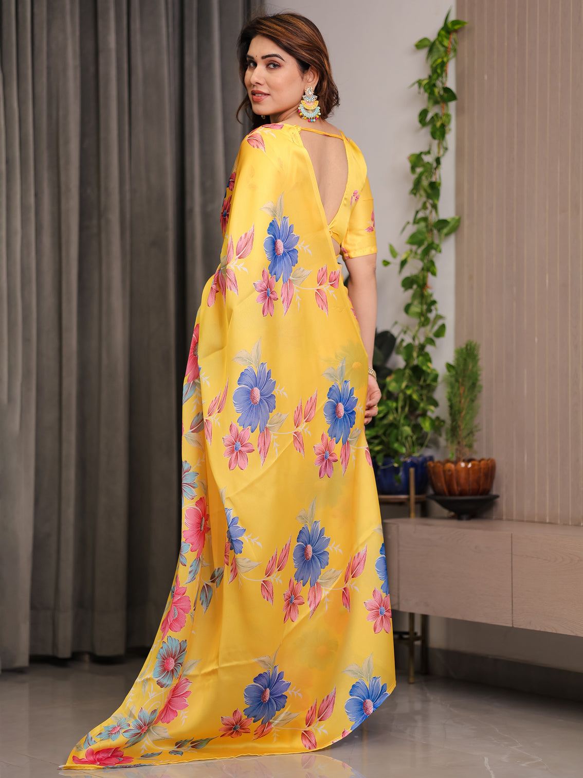 Mustard yellow satin georgette floral printed saree with attached blouse vibrant garden bloom designer drape