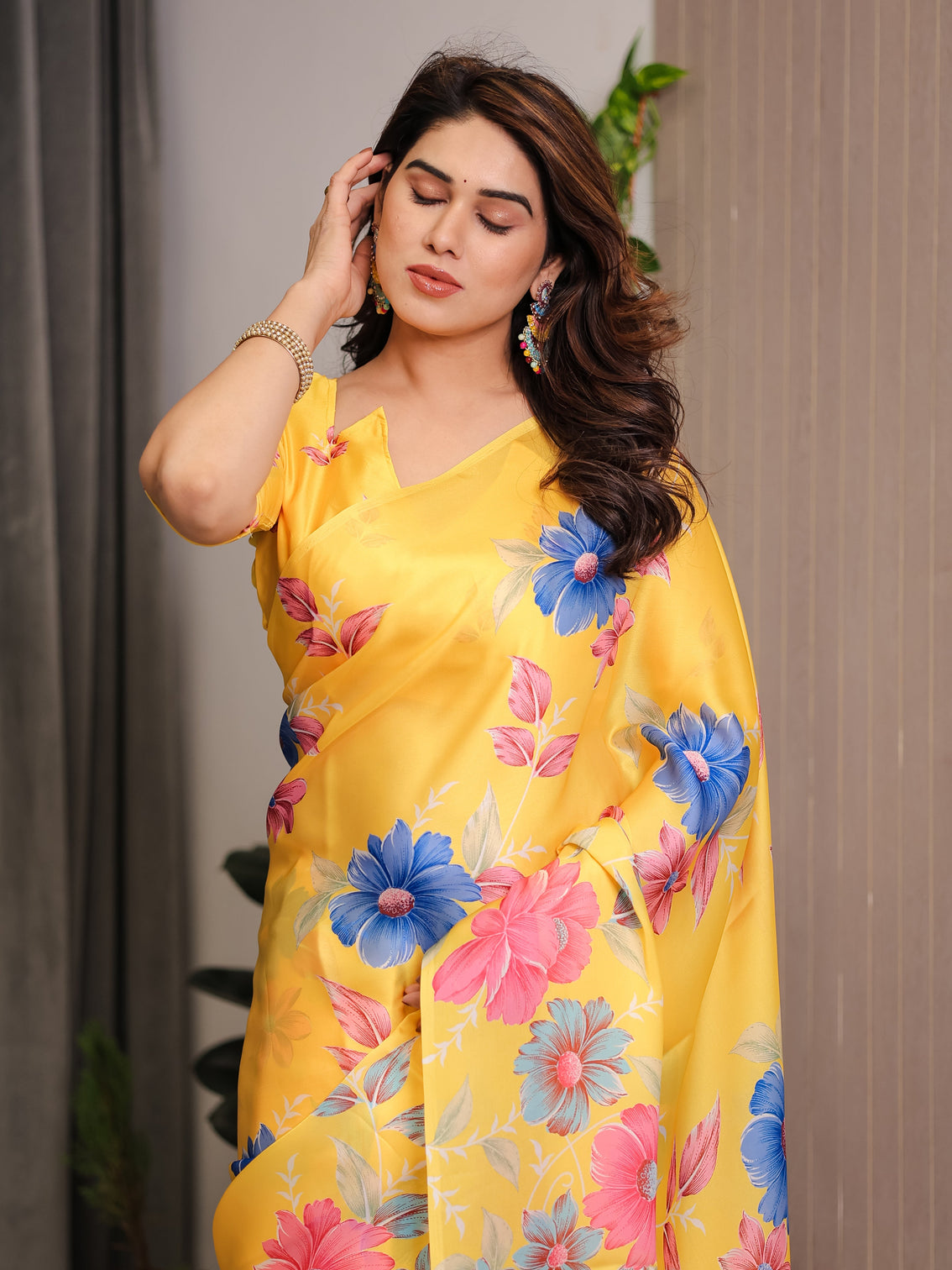 Mustard yellow satin georgette floral printed saree with attached blouse vibrant garden bloom designer drape