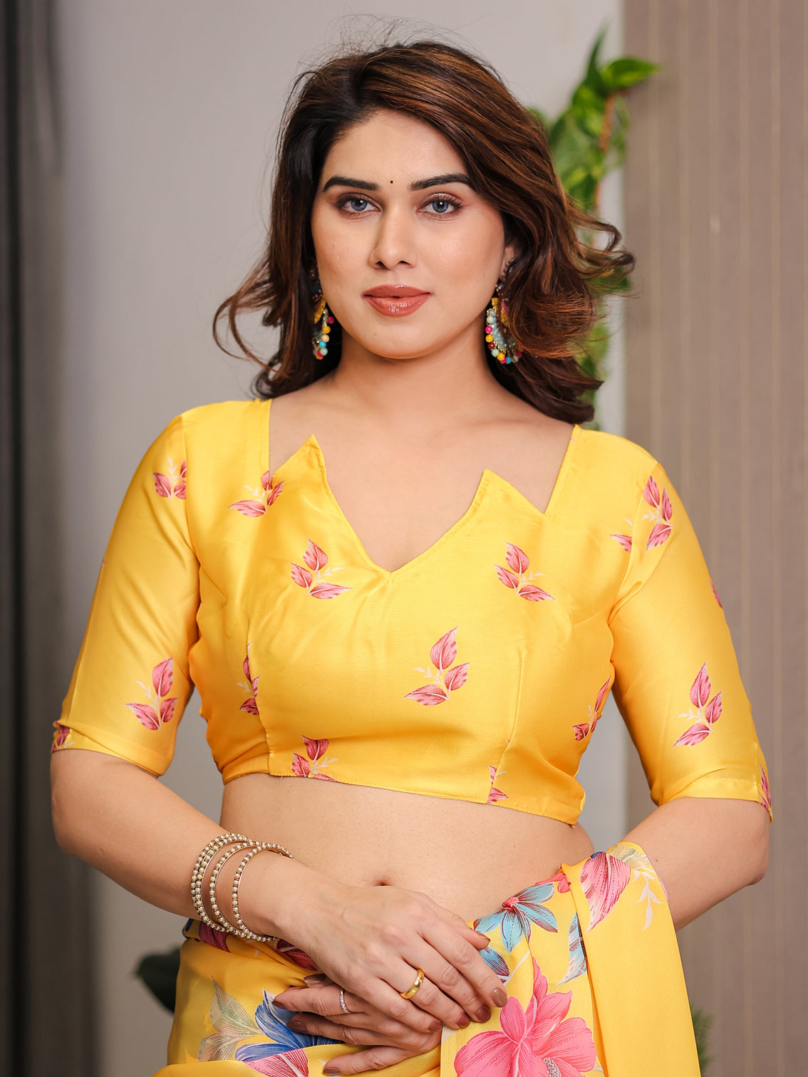Mustard yellow satin georgette floral printed saree with attached blouse vibrant garden bloom designer drape