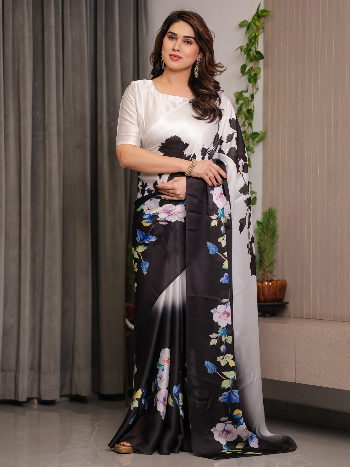 Ivory white black satin georgette floral printed saree with attached blouse elegant contrast bloom designer drape