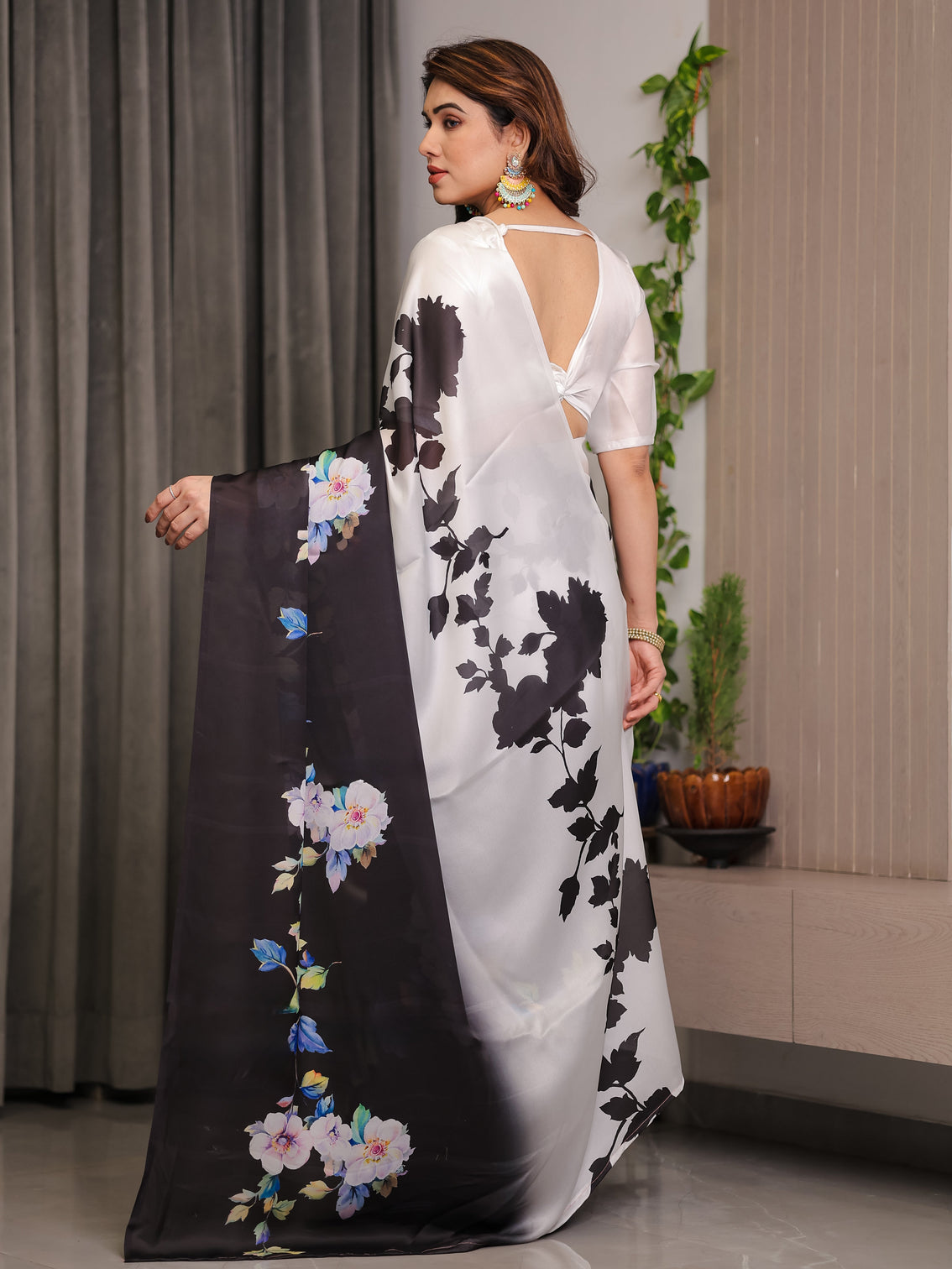 Ivory white black satin georgette floral printed saree with attached blouse elegant contrast bloom designer drape