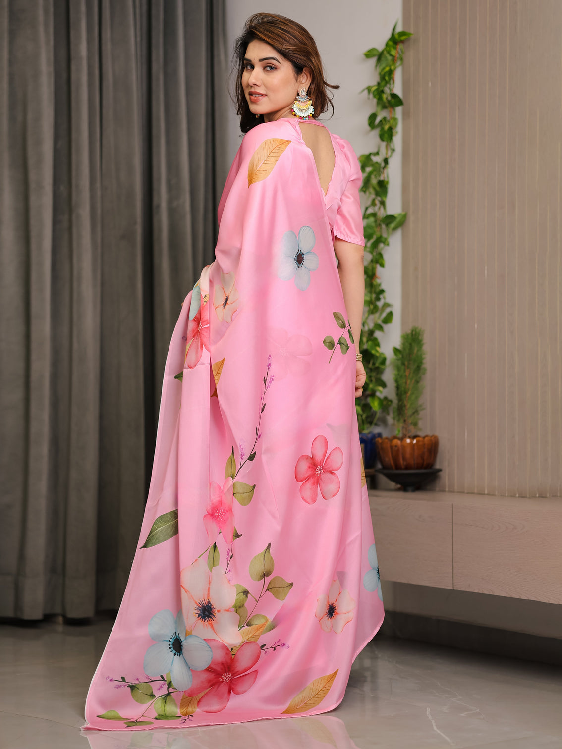Blush pink satin georgette floral printed saree with attached blouse soft pastel bloom designer drape