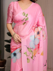 Blush pink satin georgette floral printed saree with attached blouse soft pastel bloom designer drape