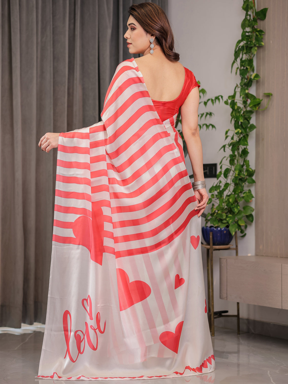 Coral pink ivory striped satin georgette saree with heart motif romantic pallu and attached coral blouse 5 5 meter designer saree for valentine s day anniversary wear