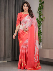 Coral red blush pink heart printed satin georgette saree with romantic couple pallu and attached heart print blouse 5 5 meter designer saree for valentine s day anniversary wear mameraa