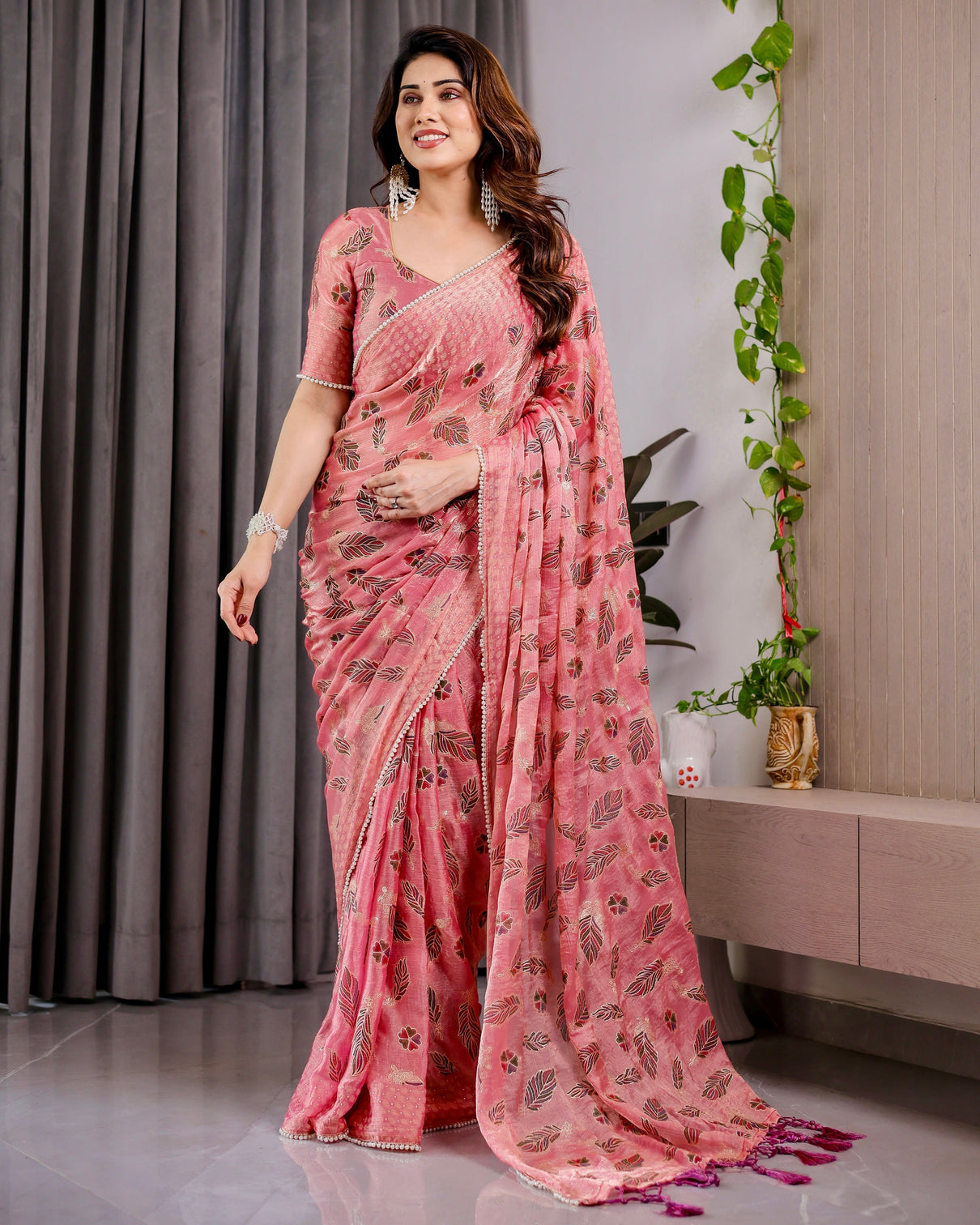 Blush pink fendy chiffon saree with foil block prints pearl lace border tassels