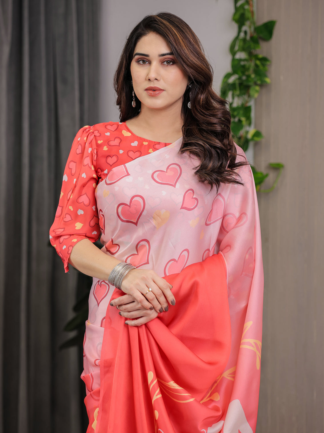 Coral red blush pink heart printed satin georgette saree with romantic couple pallu and attached heart print blouse 5 5 meter designer saree for valentine s day anniversary wear