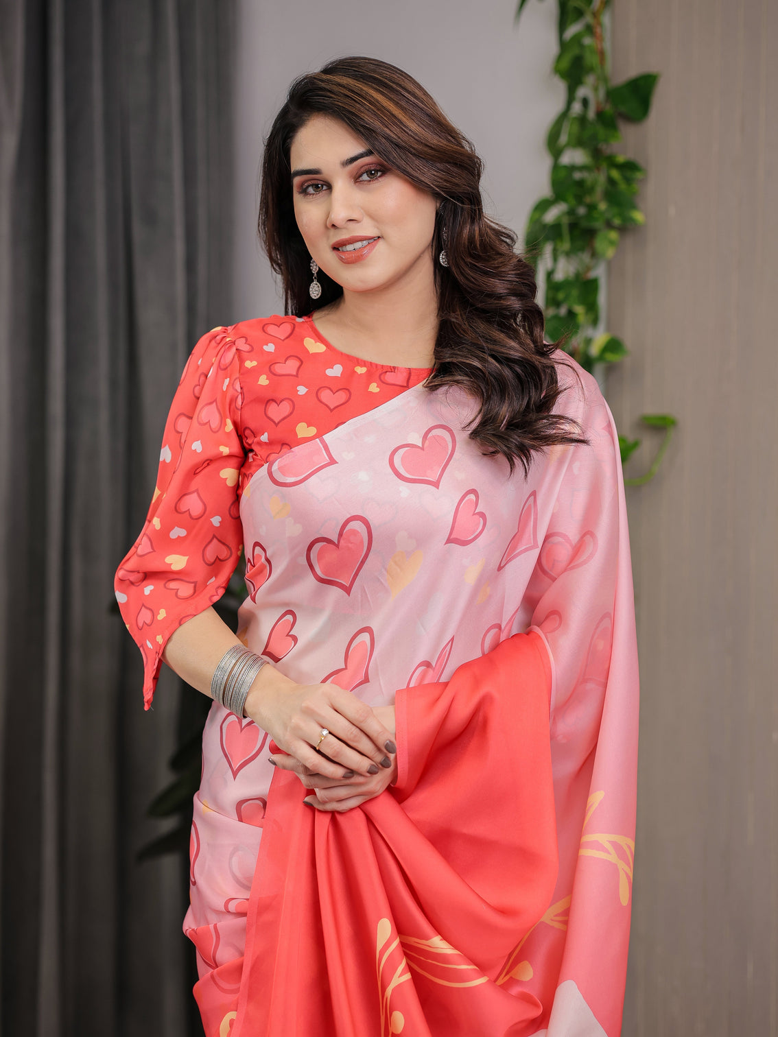 Coral red blush pink heart printed satin georgette saree with romantic couple pallu and attached heart print blouse 5 5 meter designer saree for valentine s day anniversary wear
