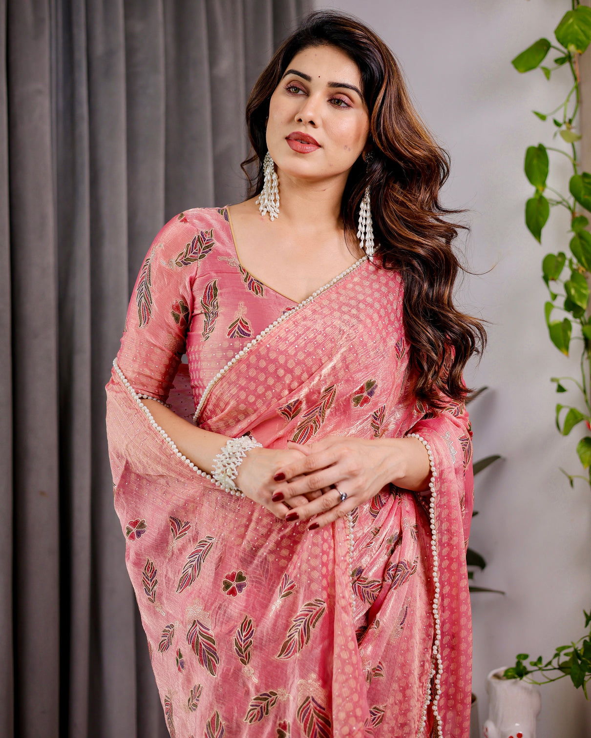 Blush pink fendy chiffon saree with foil block prints pearl lace border tassels