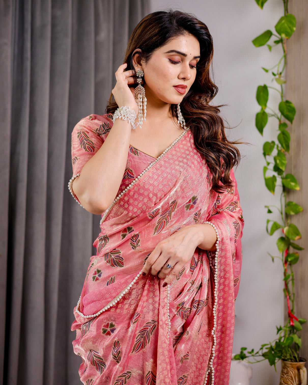 Blush pink fendy chiffon saree with foil block prints pearl lace border tassels