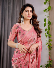 Blush pink fendy chiffon saree with foil block prints pearl lace border tassels mameraa