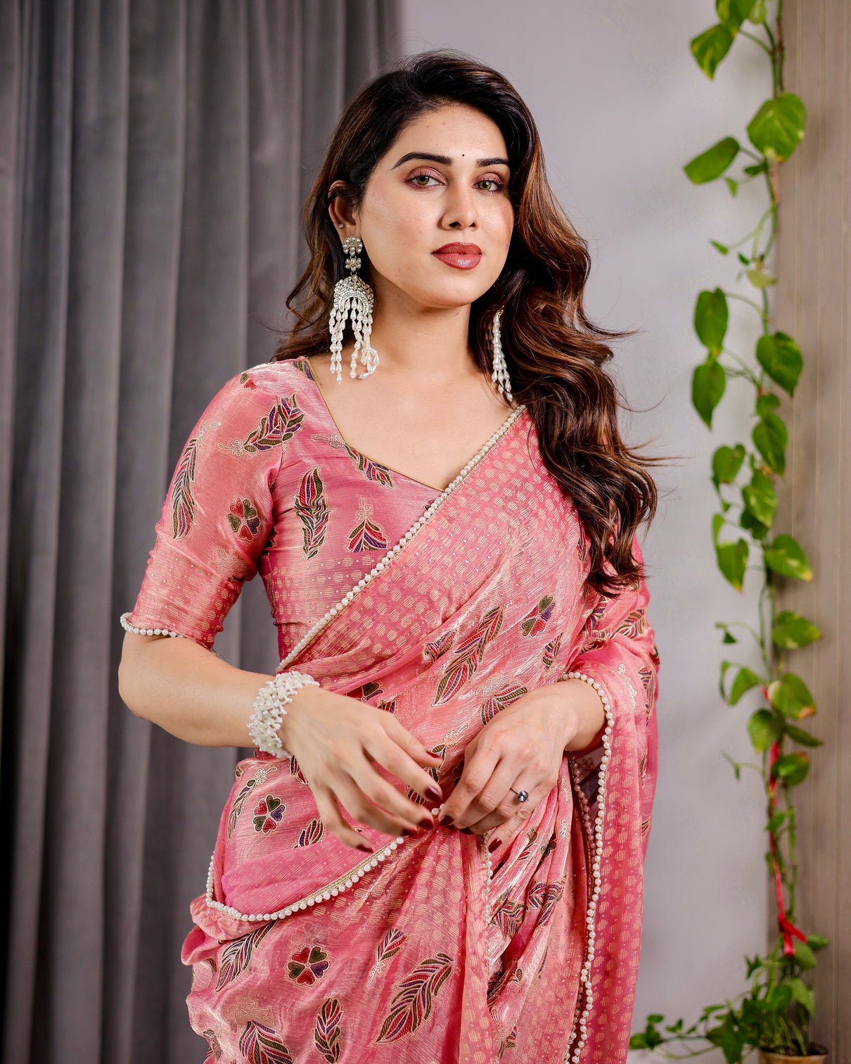 Blush pink fendy chiffon saree with foil block prints pearl lace border tassels