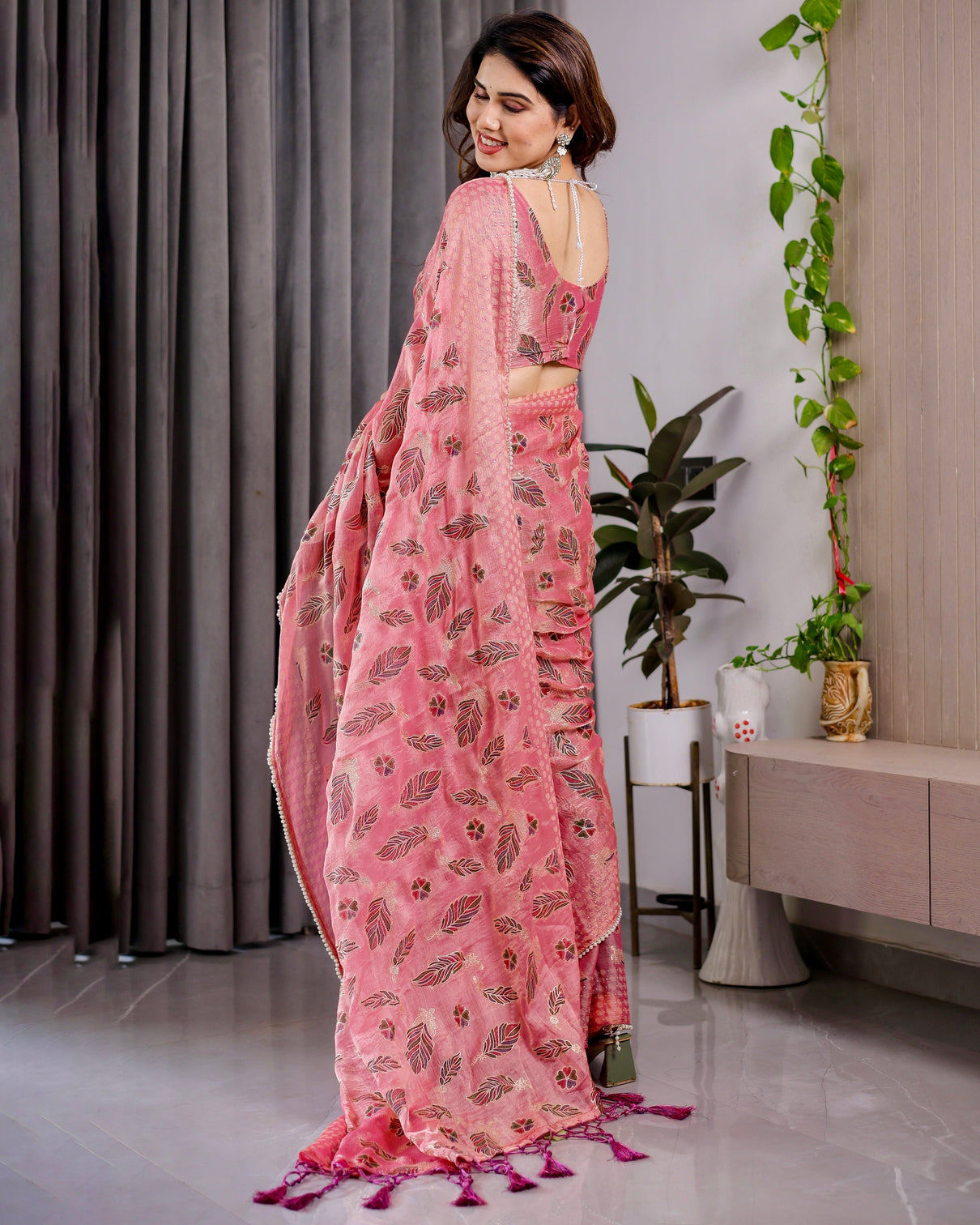 Blush pink fendy chiffon saree with foil block prints pearl lace border tassels