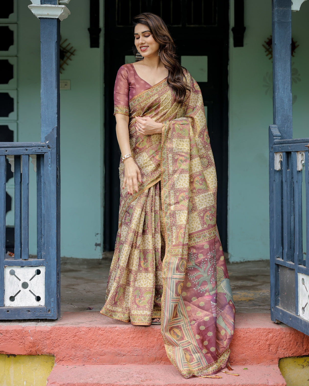Cream maroon handloom cotton saree with deer pallu and blocked peacock motifs
