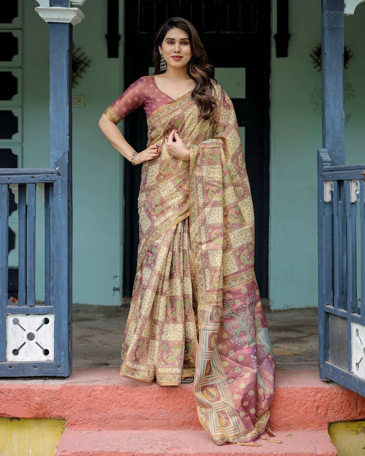 Cream maroon handloom cotton saree with deer pallu and blocked peacock motifs mameraa