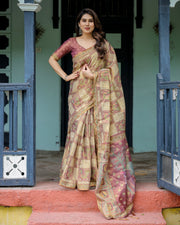 Cream maroon handloom cotton saree with deer pallu and blocked peacock motifs mameraa