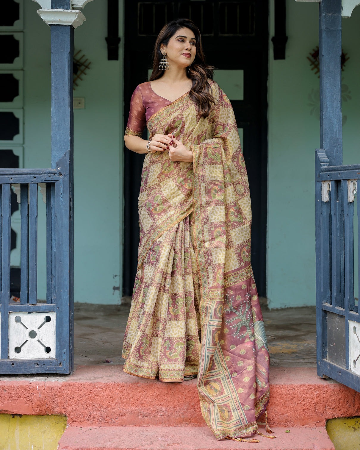 Cream maroon handloom cotton saree with deer pallu and blocked peacock motifs
