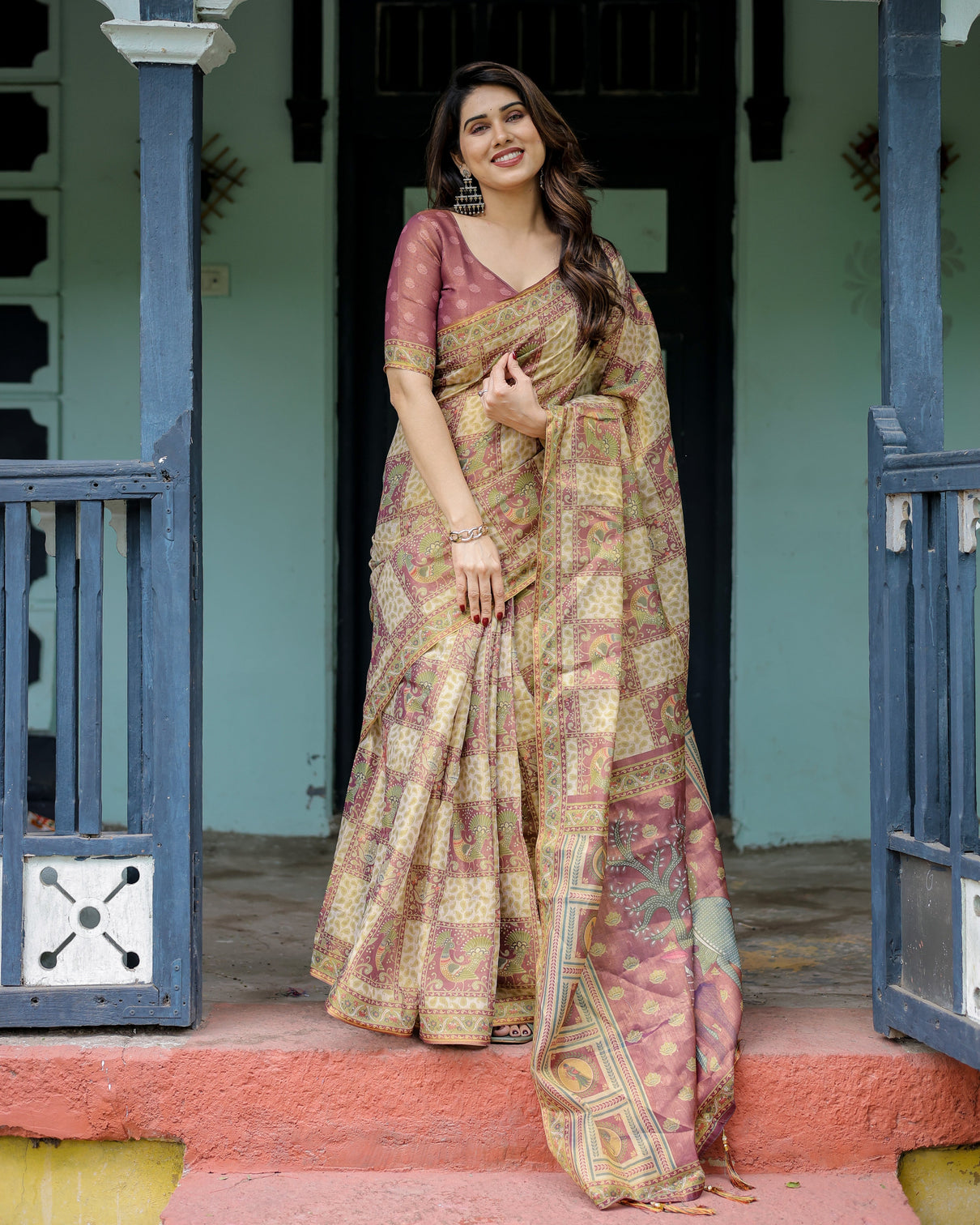 Cream maroon handloom cotton saree with deer pallu and blocked peacock motifs