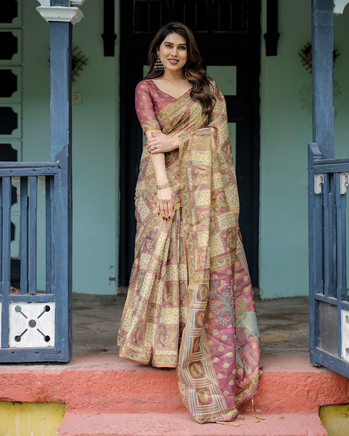 Cream maroon handloom cotton saree with deer pallu and blocked peacock motifs