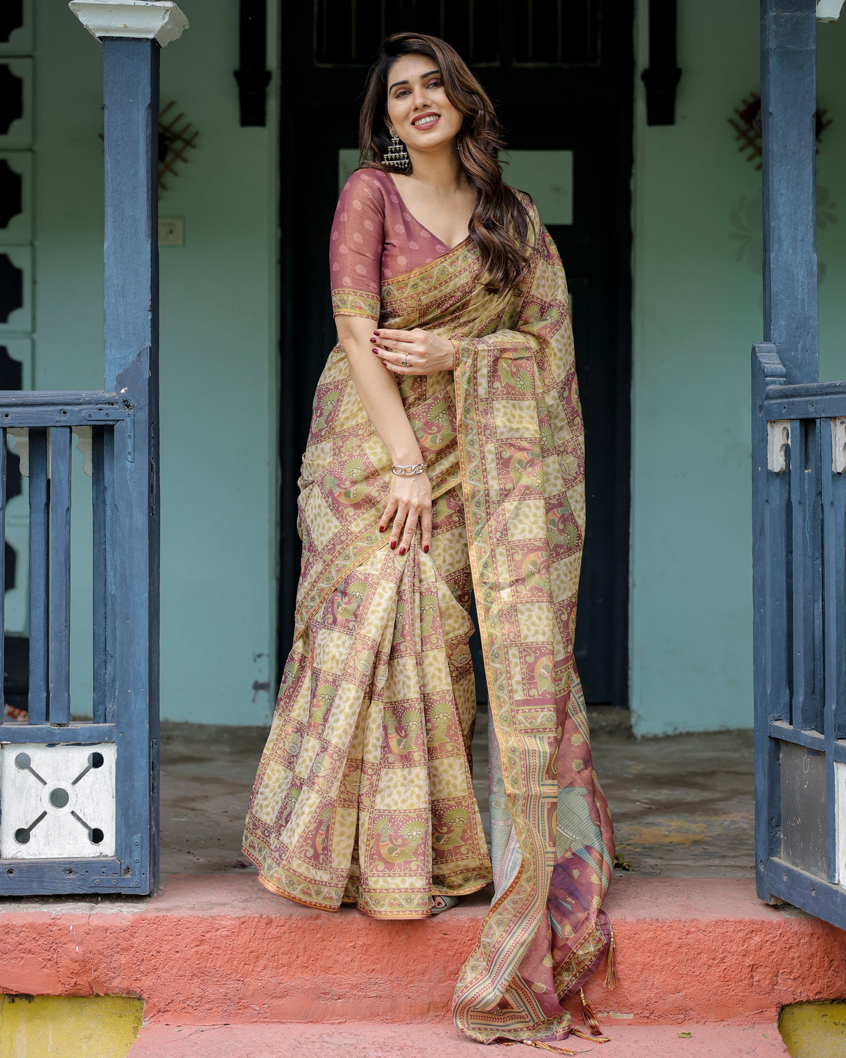 Cream maroon handloom cotton saree with deer pallu and blocked peacock motifs