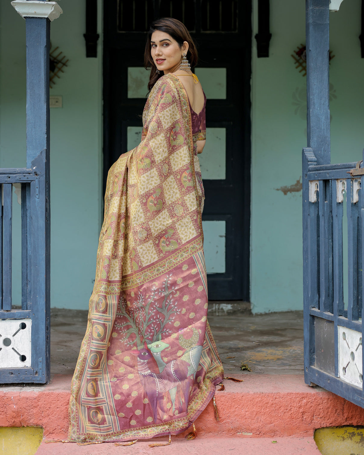 Cream maroon handloom cotton saree with deer pallu and blocked peacock motifs