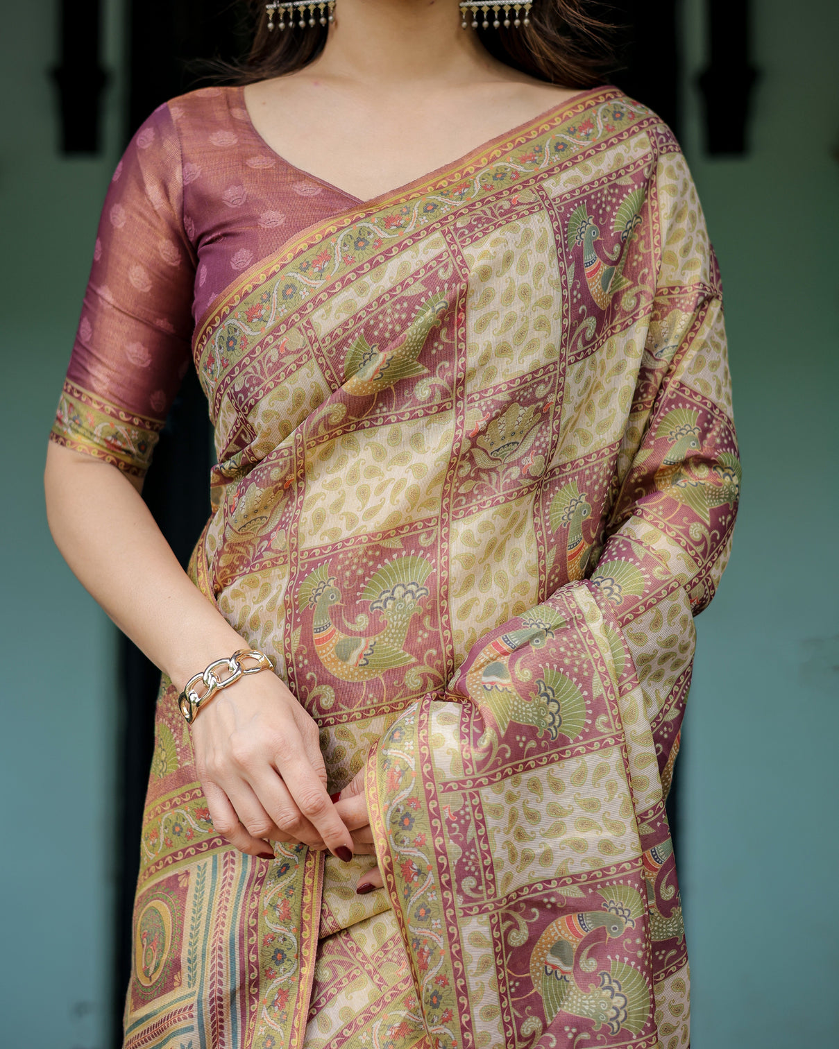 Cream maroon handloom cotton saree with deer pallu and blocked peacock motifs