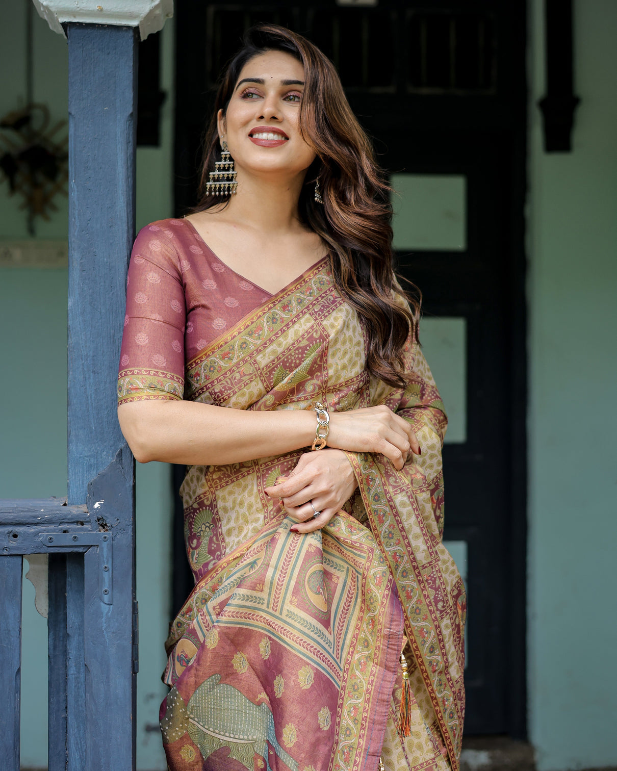 Cream maroon handloom cotton saree with deer pallu and blocked peacock motifs
