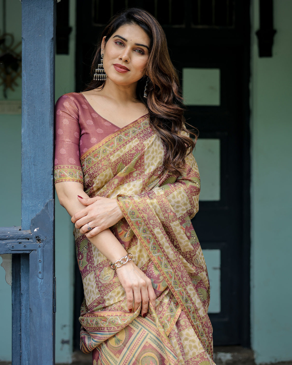 Cream maroon handloom cotton saree with deer pallu and blocked peacock motifs