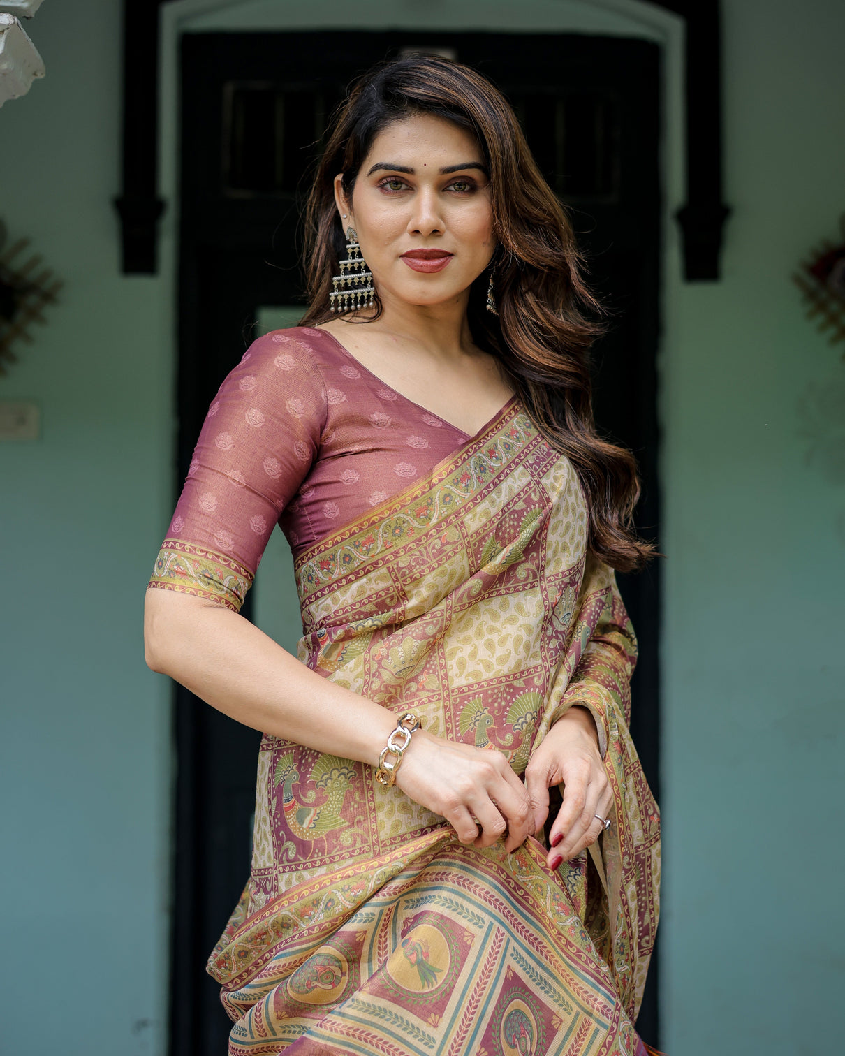 Cream maroon handloom cotton saree with deer pallu and blocked peacock motifs