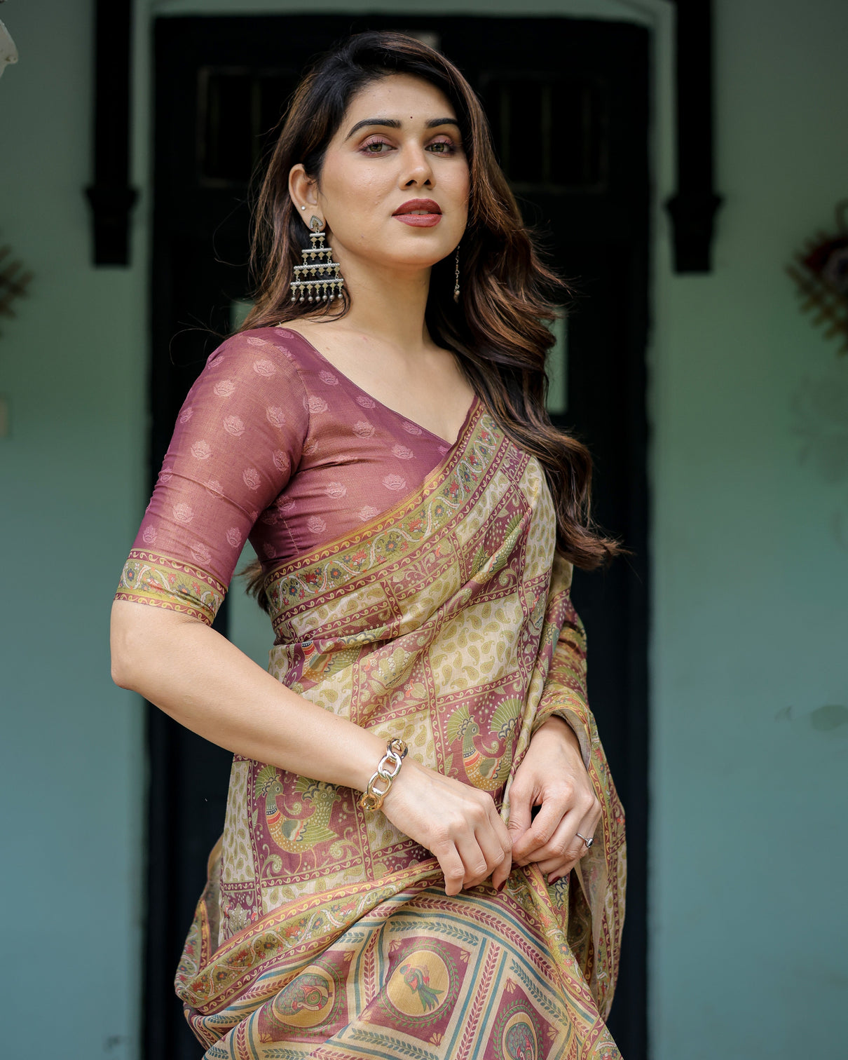 Cream maroon handloom cotton saree with deer pallu and blocked peacock motifs