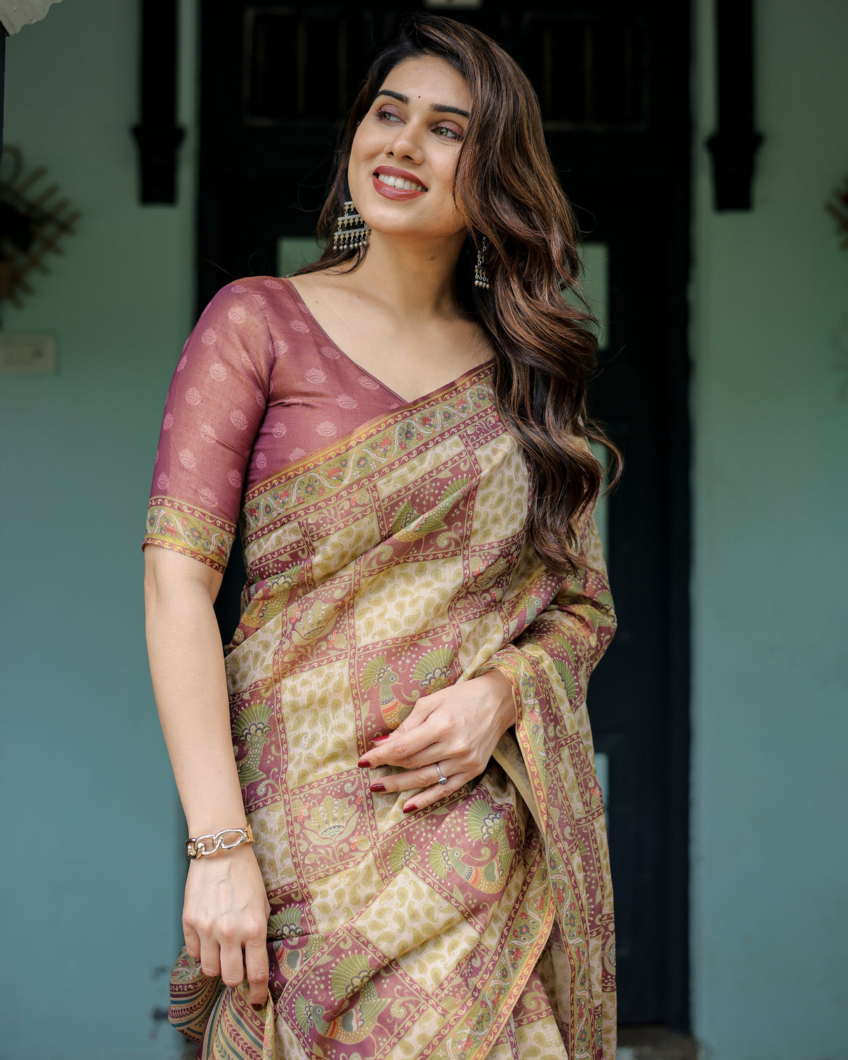 Cream maroon handloom cotton saree with deer pallu and blocked peacock motifs