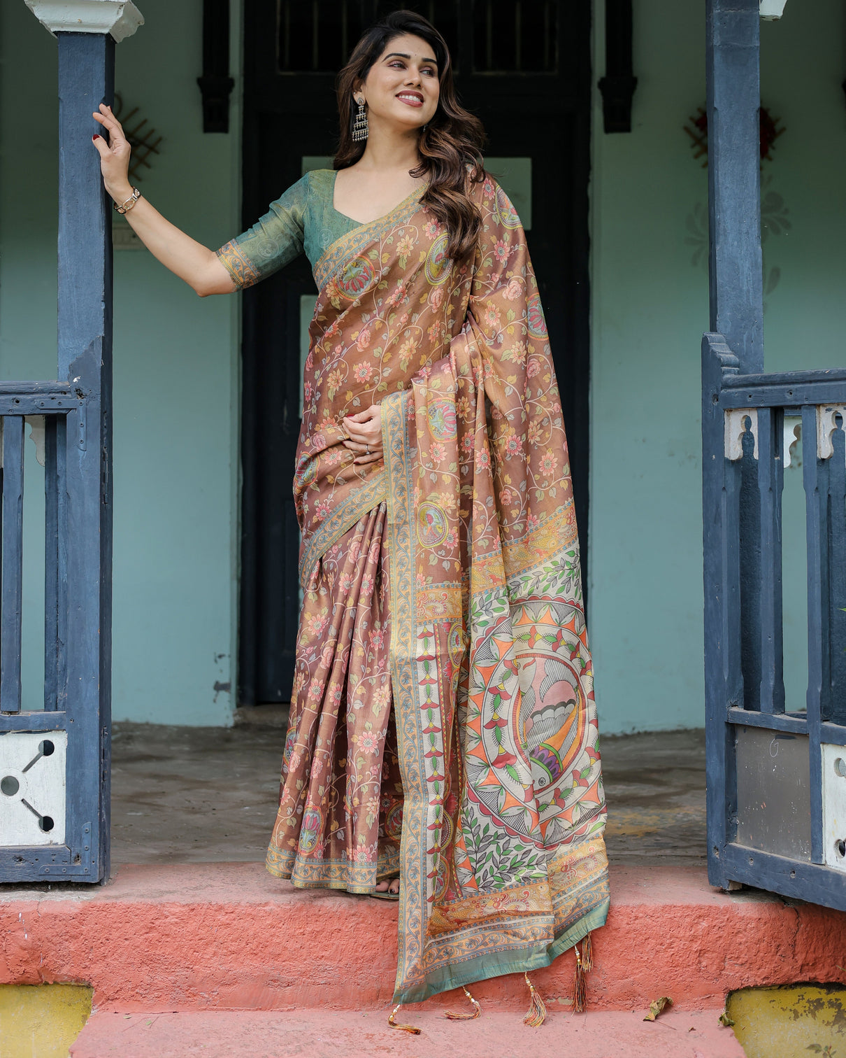 Rust red handloom cotton saree with madhubani fish art floral motifs contrast blouse