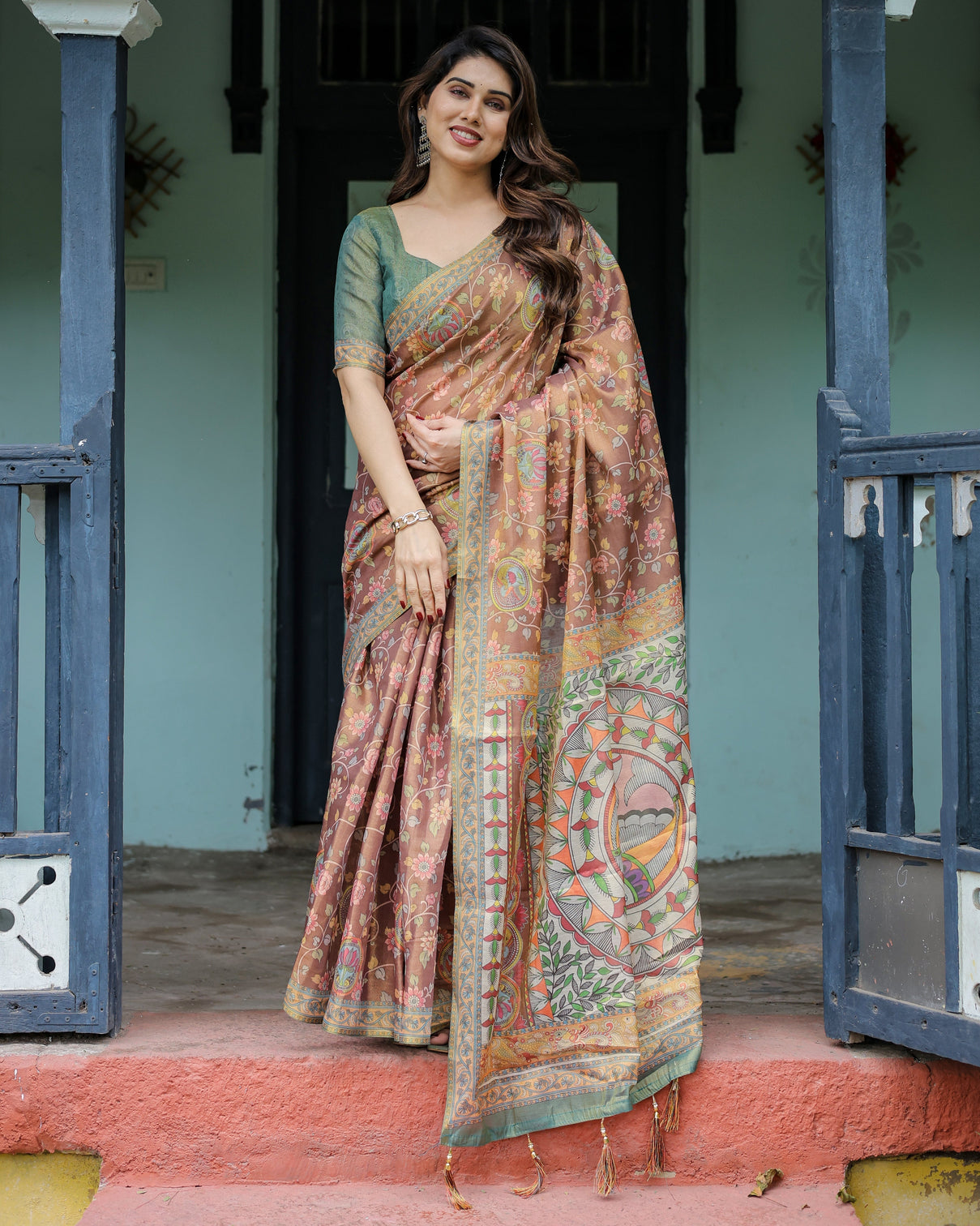 Rust red handloom cotton saree with madhubani fish art floral motifs contrast blouse