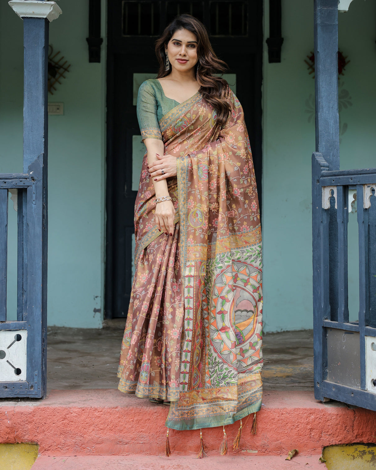 Rust red handloom cotton saree with madhubani fish art floral motifs contrast blouse mameraa