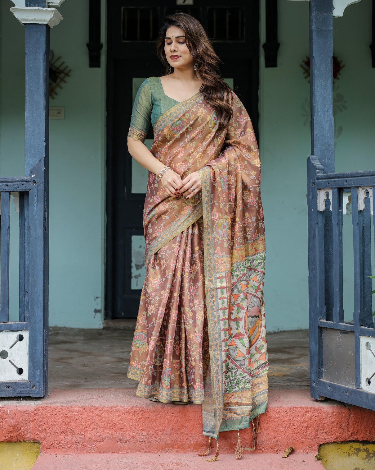Rust red handloom cotton saree with madhubani fish art floral motifs contrast blouse