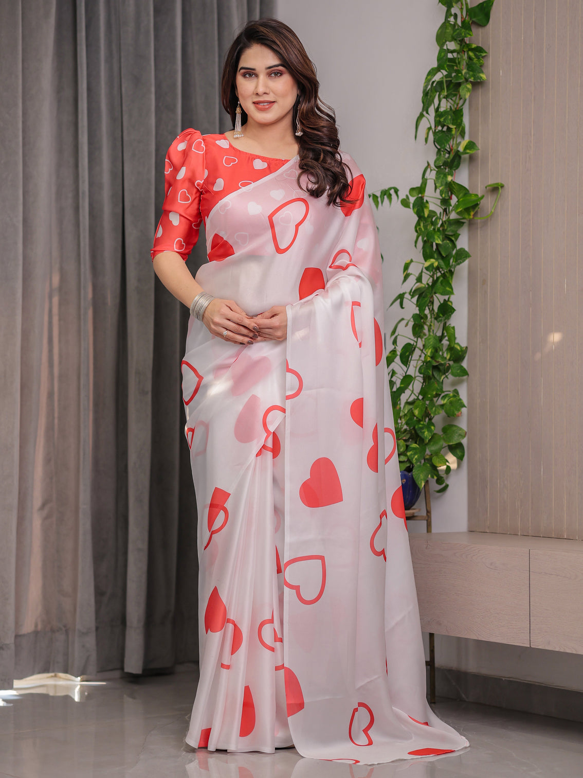 Ivory white satin georgette saree with bold red heart print and attached red heart pattern blouse 5 5 meter romantic designer saree for valentine s day anniversary wear mameraa