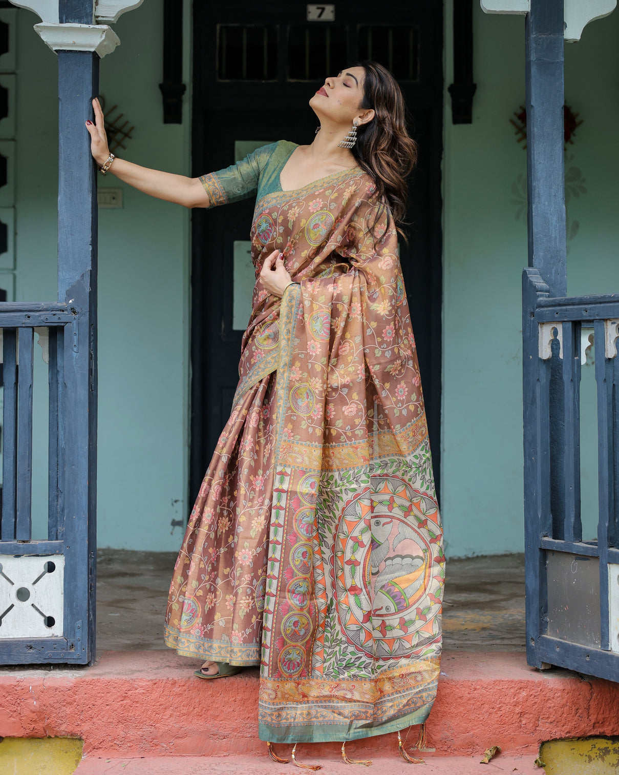 Rust red handloom cotton saree with madhubani fish art floral motifs contrast blouse