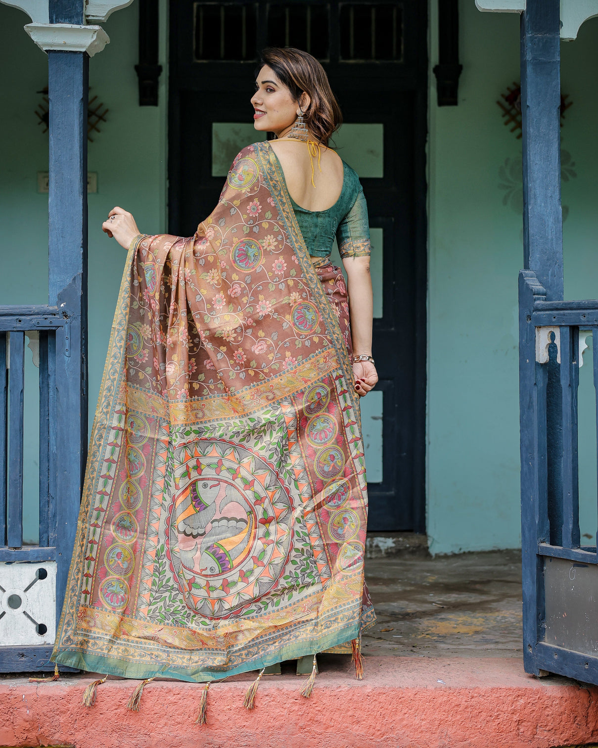 Rust red handloom cotton saree with madhubani fish art floral motifs contrast blouse