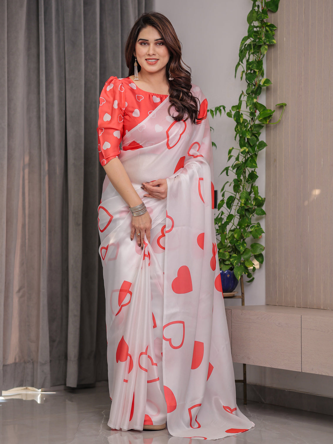 Ivory white satin georgette saree with bold red heart print and attached red heart pattern blouse 5 5 meter romantic designer saree for valentine s day anniversary wear