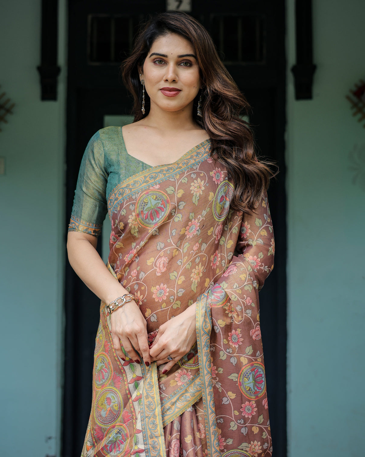 Rust red handloom cotton saree with madhubani fish art floral motifs contrast blouse