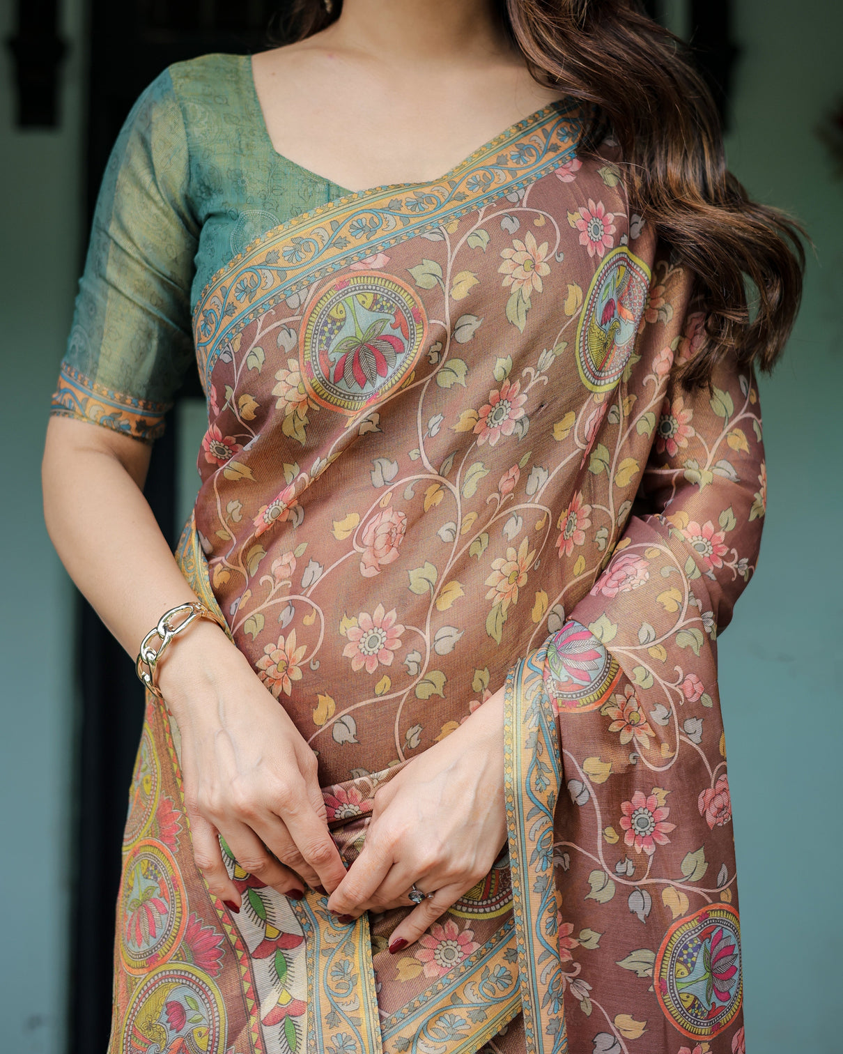 Rust red handloom cotton saree with madhubani fish art floral motifs contrast blouse