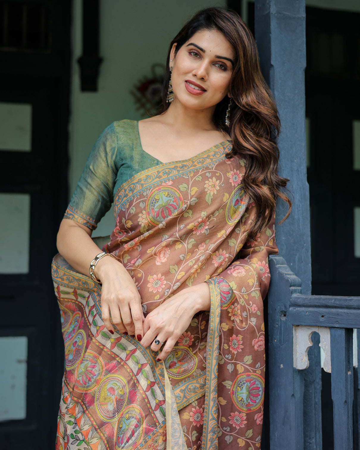 Rust red handloom cotton saree with madhubani fish art floral motifs contrast blouse