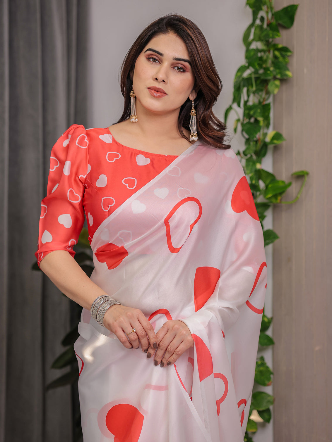 Ivory white satin georgette saree with bold red heart print and attached red heart pattern blouse 5 5 meter romantic designer saree for valentine s day anniversary wear
