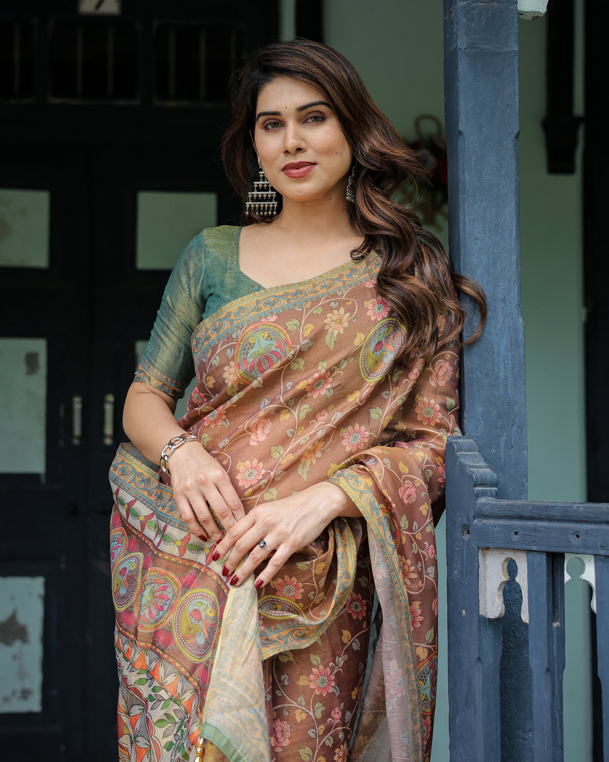 Rust red handloom cotton saree with madhubani fish art floral motifs contrast blouse
