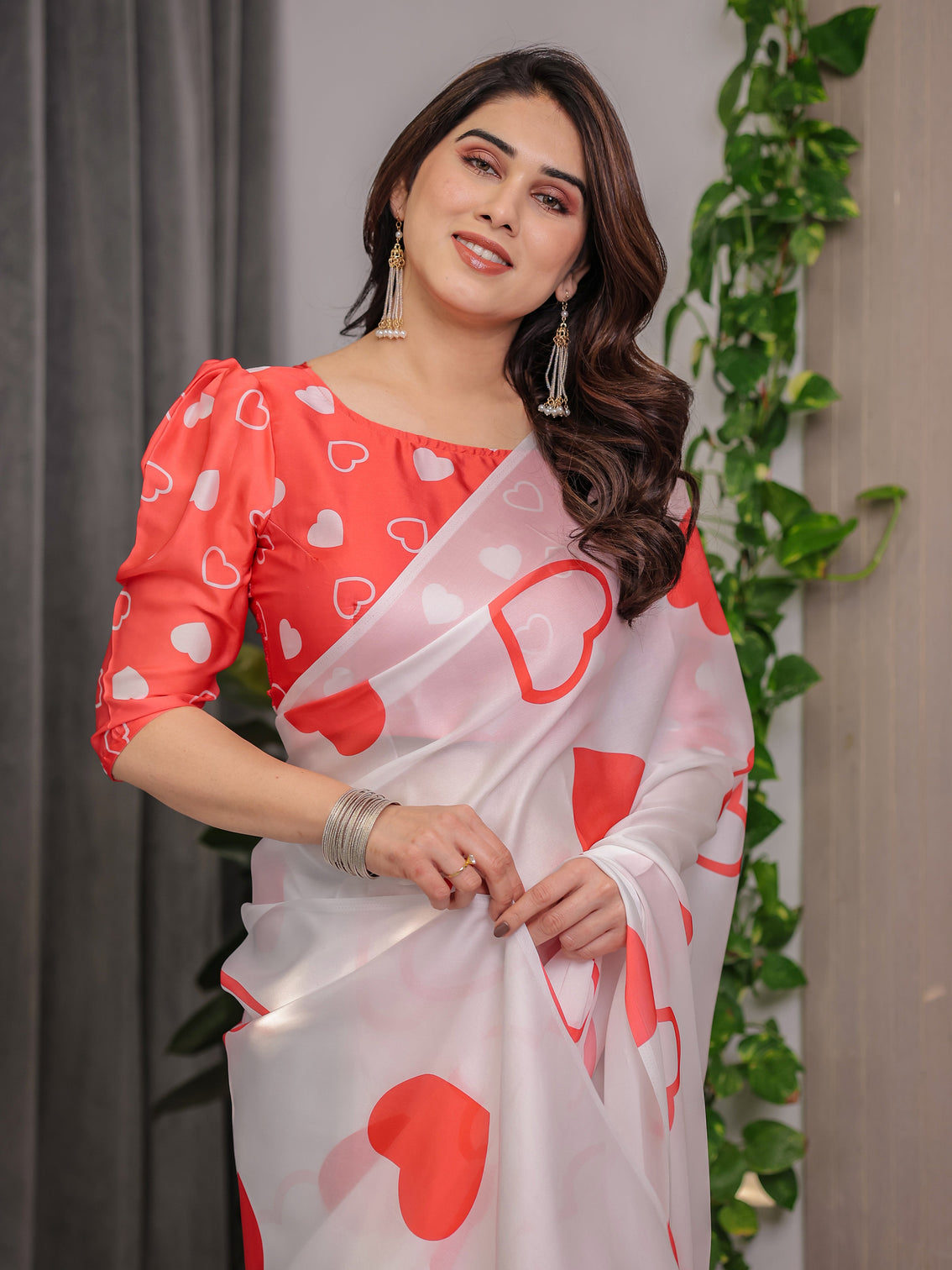 Ivory white satin georgette saree with bold red heart print and attached red heart pattern blouse 5 5 meter romantic designer saree for valentine s day anniversary wear