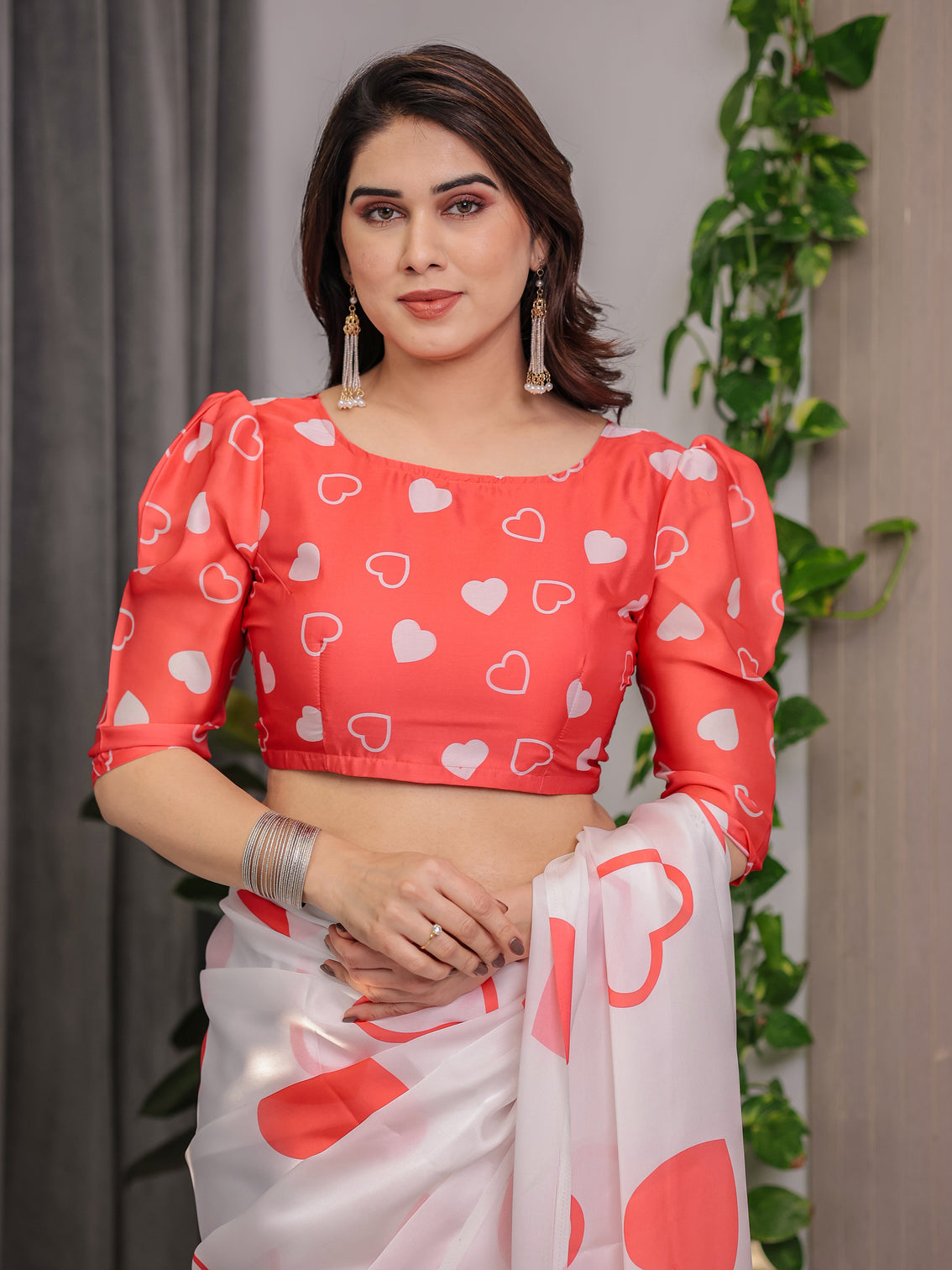 Ivory white satin georgette saree with bold red heart print and attached red heart pattern blouse 5 5 meter romantic designer saree for valentine s day anniversary wear
