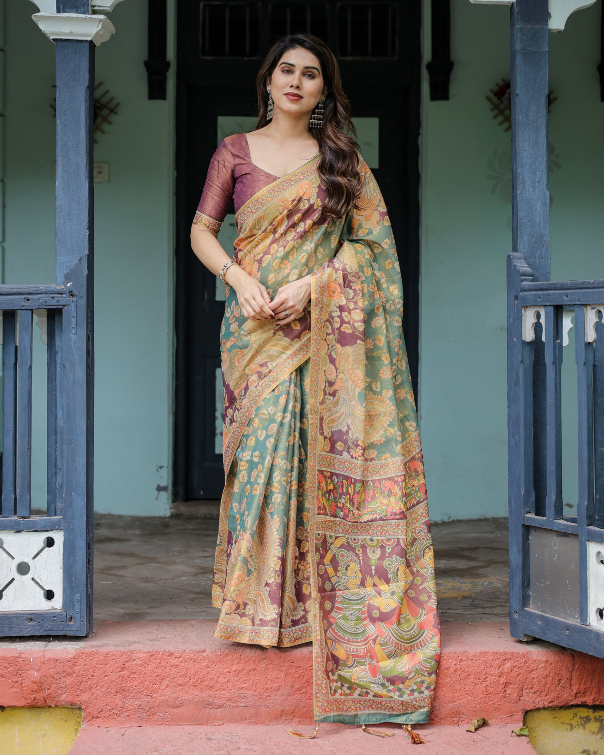 Sage green maroon handloom cotton saree with mythical tribal art and floral motifs mameraa