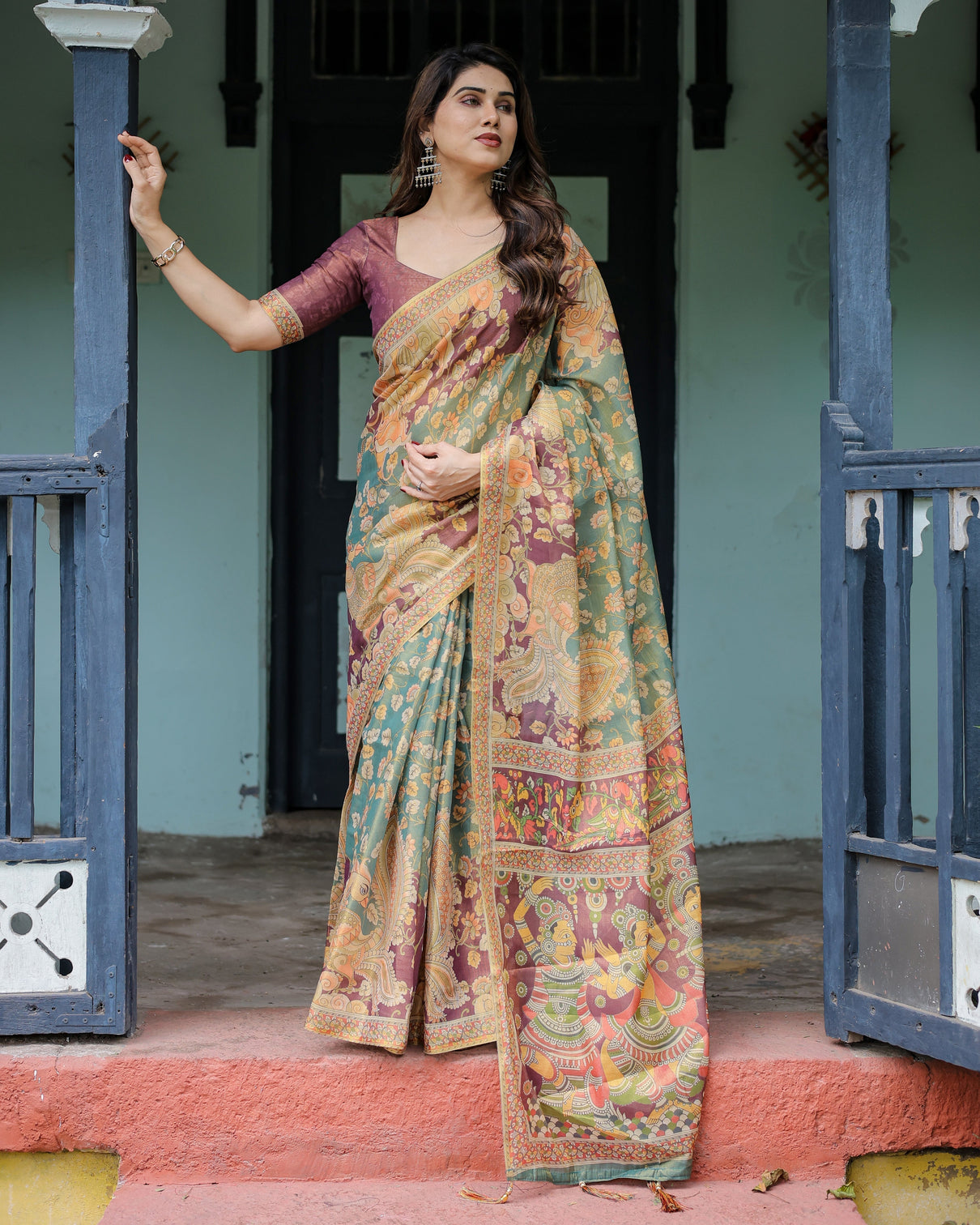 Sage green maroon handloom cotton saree with mythical tribal art and floral motifs