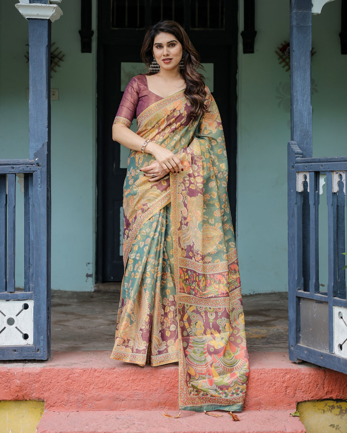 Sage green maroon handloom cotton saree with mythical tribal art and floral motifs
