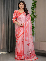 Blush pink satin georgette saree with romantic couple illustration pallu love typography and attached red checkered blouse 5 5 meter designer saree for valentine s day anniversary wear mameraa